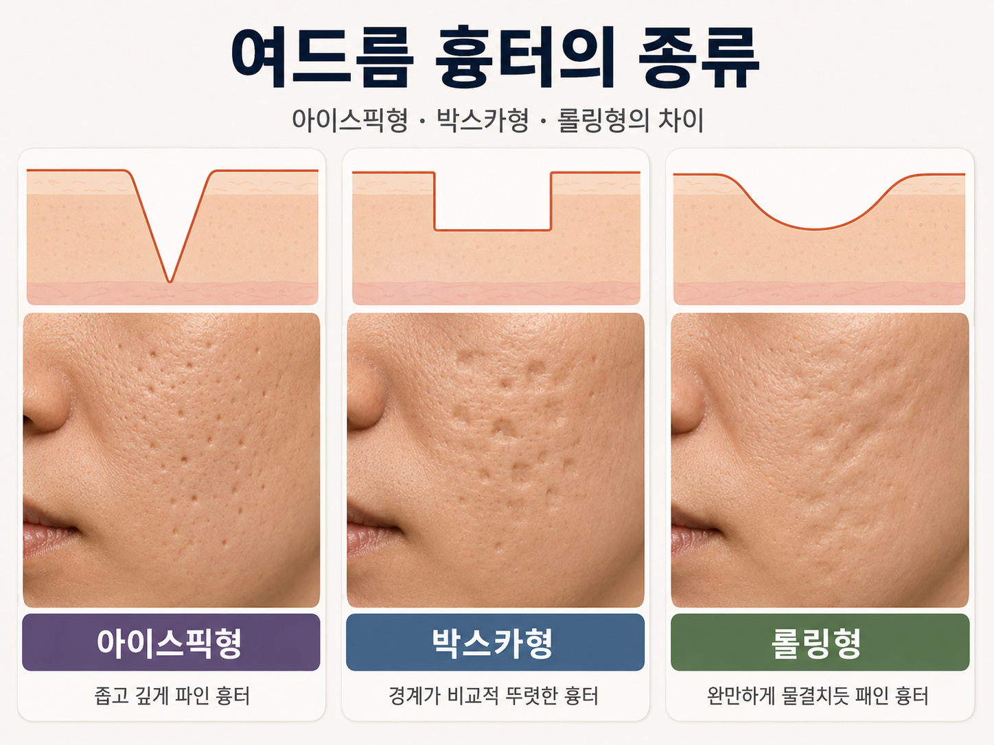 아이스픽형, 박스카형, 롤링형으로 구분되는 대표적인 여드름 흉터 종류를 보여주는 그림